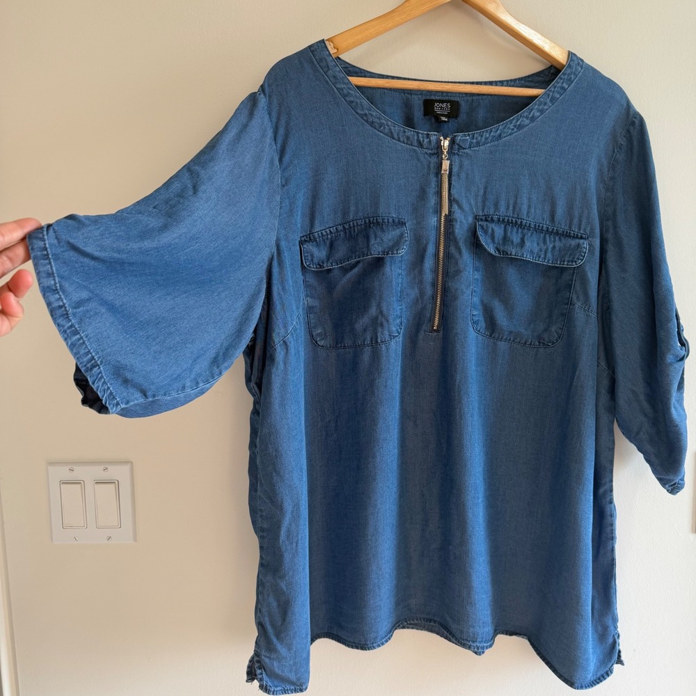 Jones New York Zip Front Tencel Tunic Blue Womens 1X Chambray Top‎